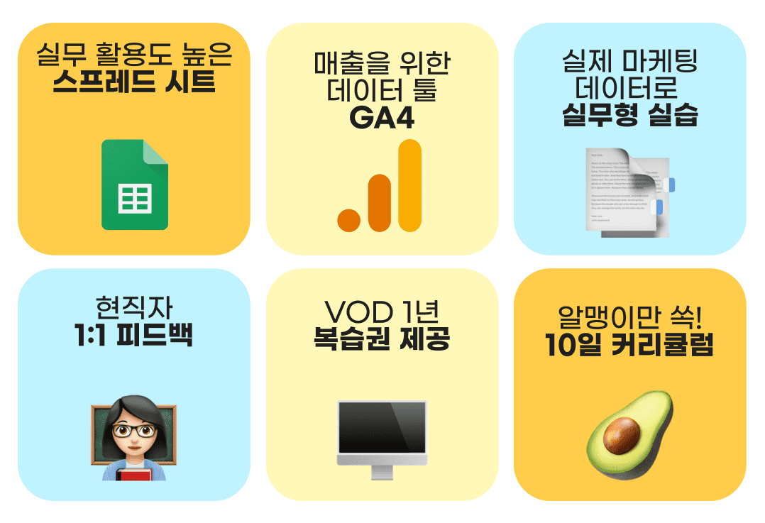 그 고민 10일만에 해결 해드려요. 구글스프레드시트와 GA4까지 그래서 실제마케팅 데이터 분석역량을 빠르게 키울 수 있는 강의 에요.